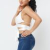 Satin Wrap-Front Top with Draped Neck – White
