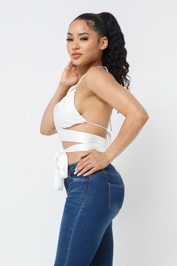 Satin Wrap-Front Top with Draped Neck – White
