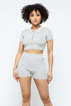 Collared Crop Top and Shorts Set – Silver