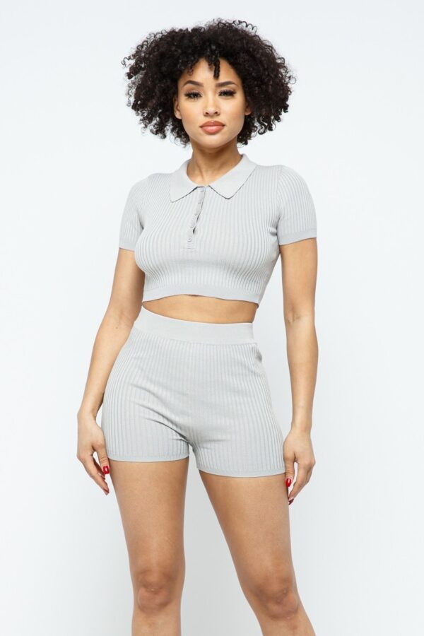 Collared Crop Top and Shorts Set – Silver