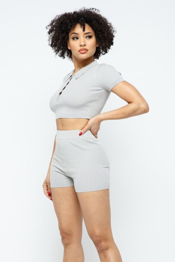 Collared Crop Top and Shorts Set – Silver
