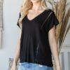 V-Neck Short Sleeve Top with Sheer Shoulder Trim – Black