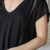 V-Neck Short Sleeve Top with Sheer Shoulder Trim – Black