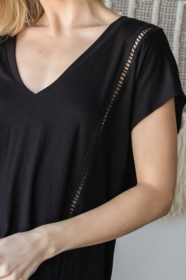 V-Neck Short Sleeve Top with Sheer Shoulder Trim – Black