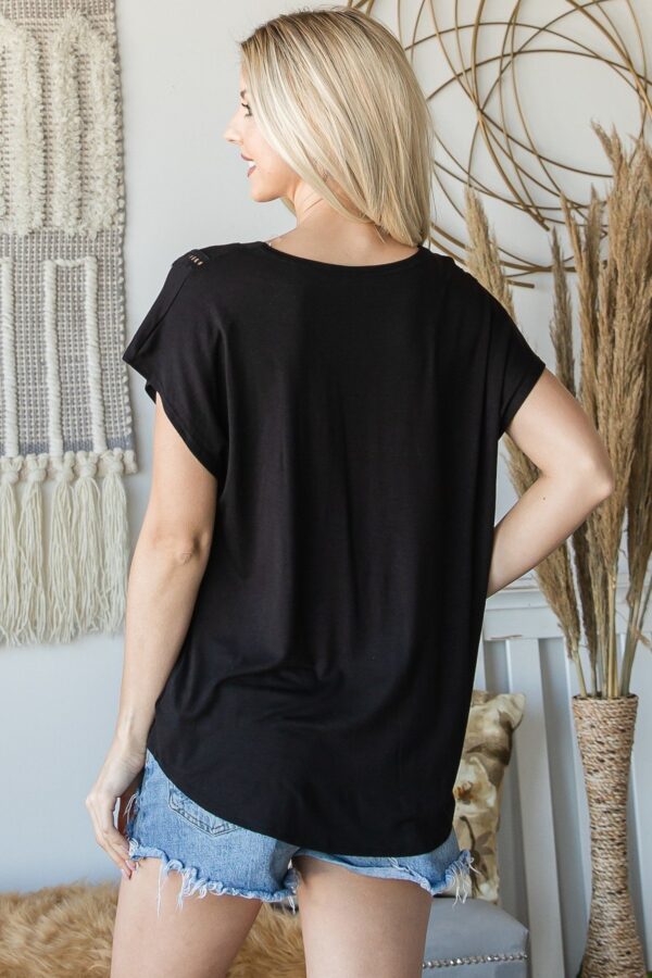 V-Neck Short Sleeve Top with Sheer Shoulder Trim – Black