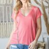 V-Neck Short Sleeve Top with Mirrored Trim – Coral