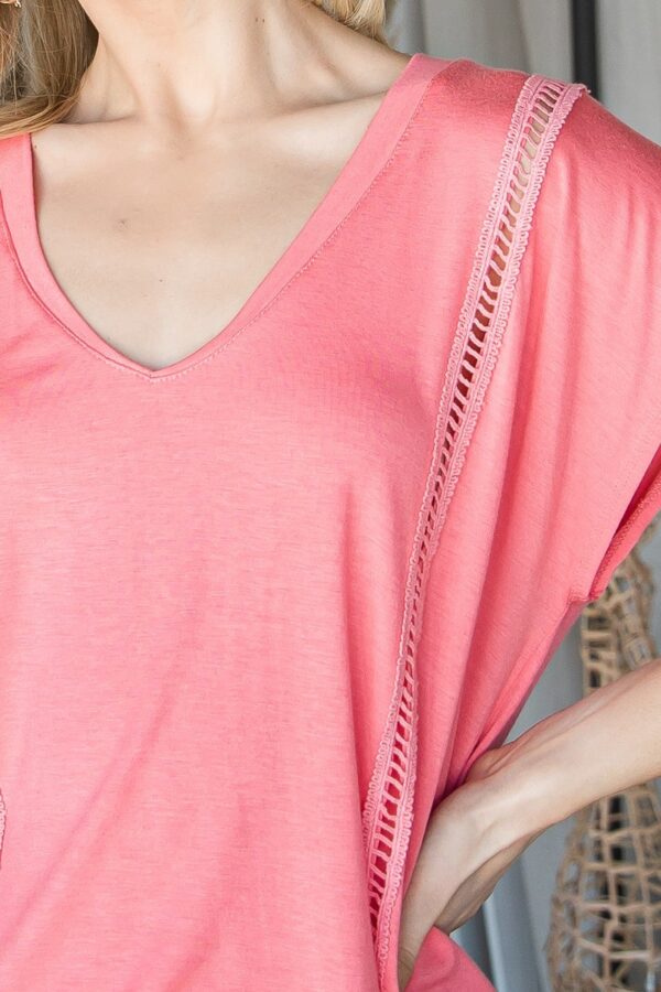V-Neck Short Sleeve Top with Mirrored Trim – Coral