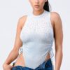 Velvet Leopard Side Shirring Extreme Cut Bodysuit – Light Blue