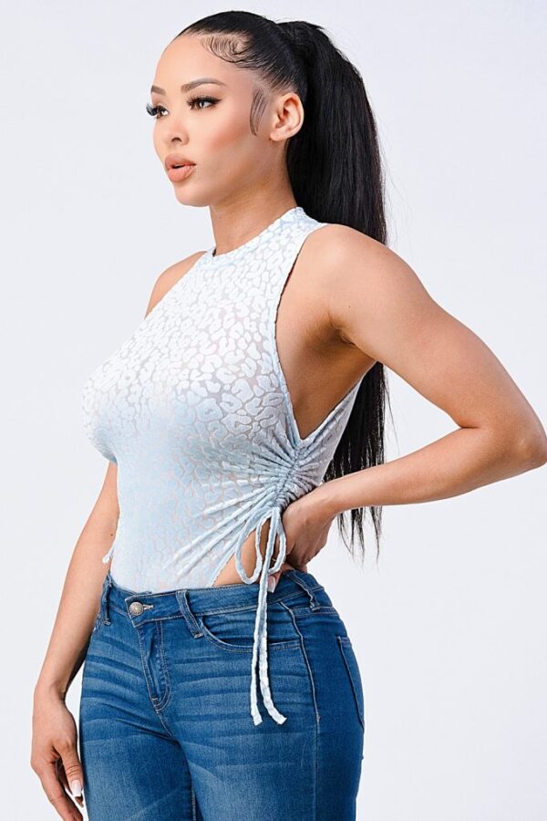 Velvet Leopard Side Shirring Extreme Cut Bodysuit – Light Blue