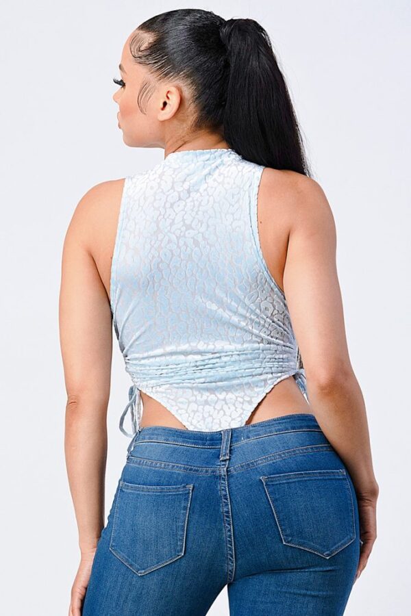 Velvet Leopard Side Shirring Extreme Cut Bodysuit – Light Blue