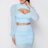 Sheer Cutout Puff-Sleeve Top and Skirt Set – Light Blue