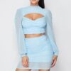 Sheer Cutout Puff-Sleeve Top and Skirt Set – Light Blue