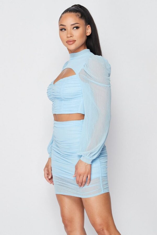Sheer Cutout Puff-Sleeve Top and Skirt Set – Light Blue