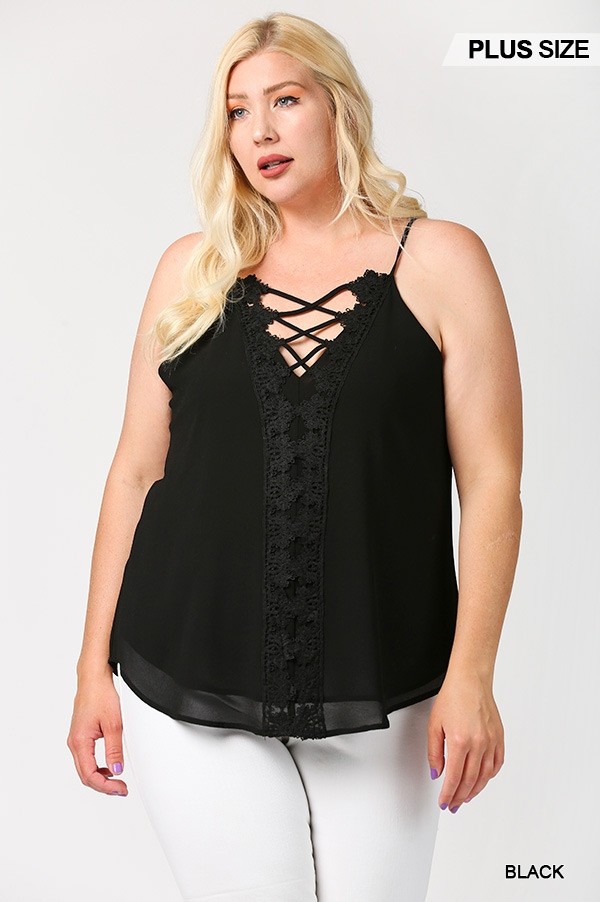 Plus Size Plunging V-Neck Lattice Top with Scalloped Lace