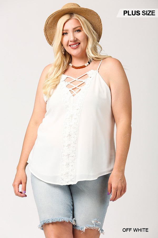 Plus Size Plunging V-Neck Lattice Top – Off White