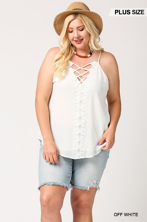 Plus Size Plunging V-Neck Lattice Top – Off White