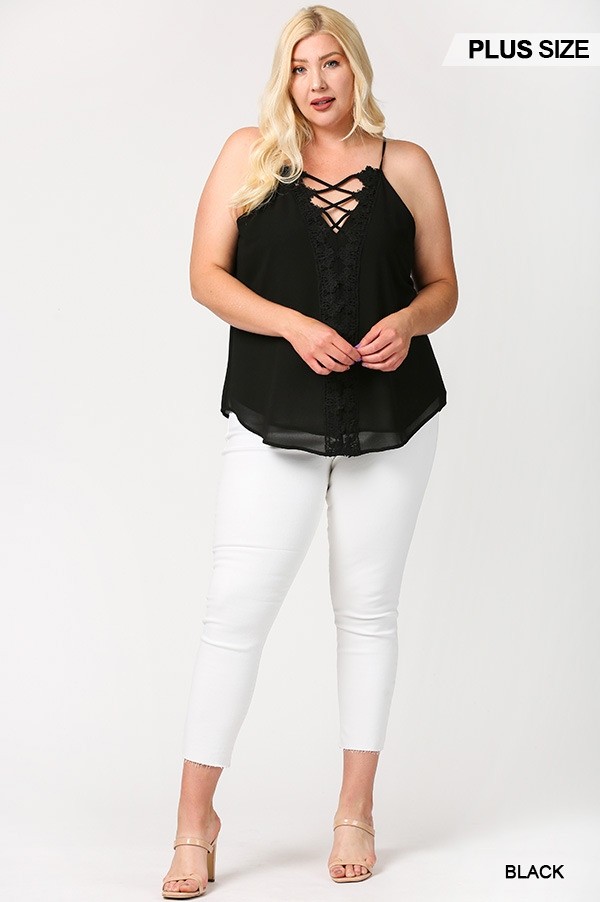 Plus Size Plunging V-Neck Lattice Top with Scalloped Lace