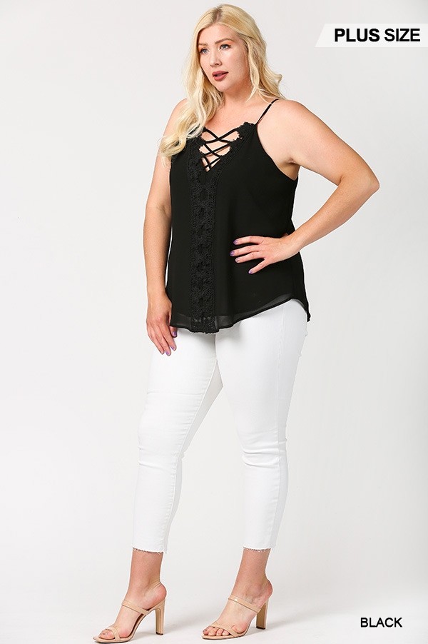 Plus Size Plunging V-Neck Lattice Top with Scalloped Lace
