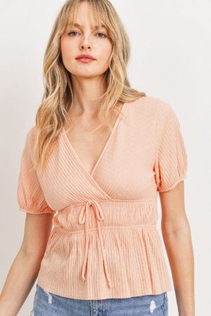 Front Tie Cut-Edge Ribbed Top – Surplice Neckline, Coral