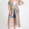 Short-Sleeve Longline Printed Mesh Cardigan with Tie – Cappuccino