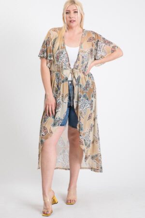 Short-Sleeve Longline Printed Mesh Cardigan with Tie – Cappuccino