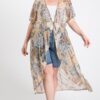 Short-Sleeve Longline Printed Mesh Cardigan with Tie – Cappuccino