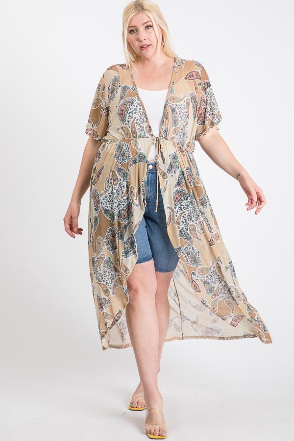 Short-Sleeve Longline Printed Mesh Cardigan with Tie – Cappuccino