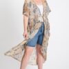 Short-Sleeve Longline Printed Mesh Cardigan with Tie – Cappuccino