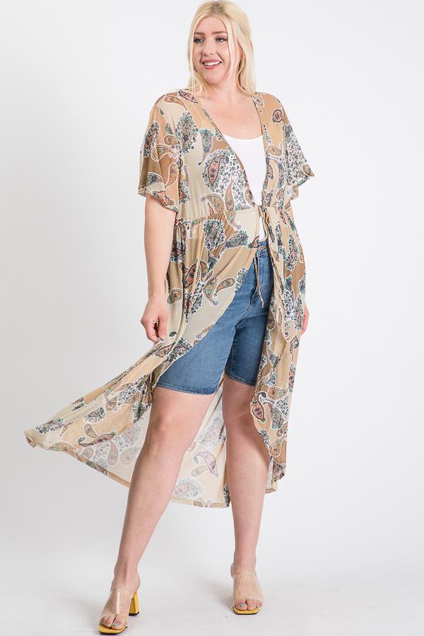 Short-Sleeve Longline Printed Mesh Cardigan with Tie – Cappuccino