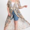 Short-Sleeve Longline Printed Mesh Cardigan with Tie – Cappuccino