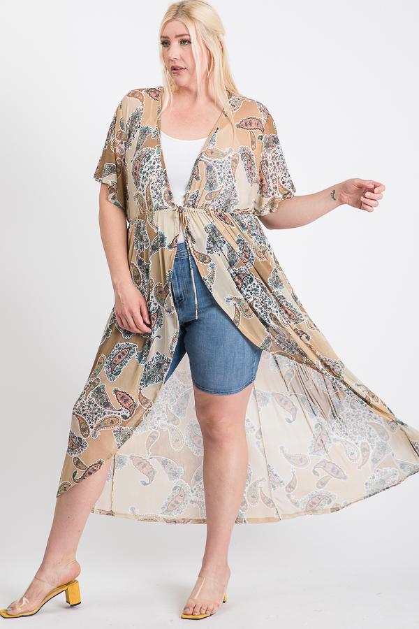 Short-Sleeve Longline Printed Mesh Cardigan with Tie – Cappuccino