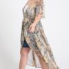 Short-Sleeve Longline Printed Mesh Cardigan with Tie – Cappuccino
