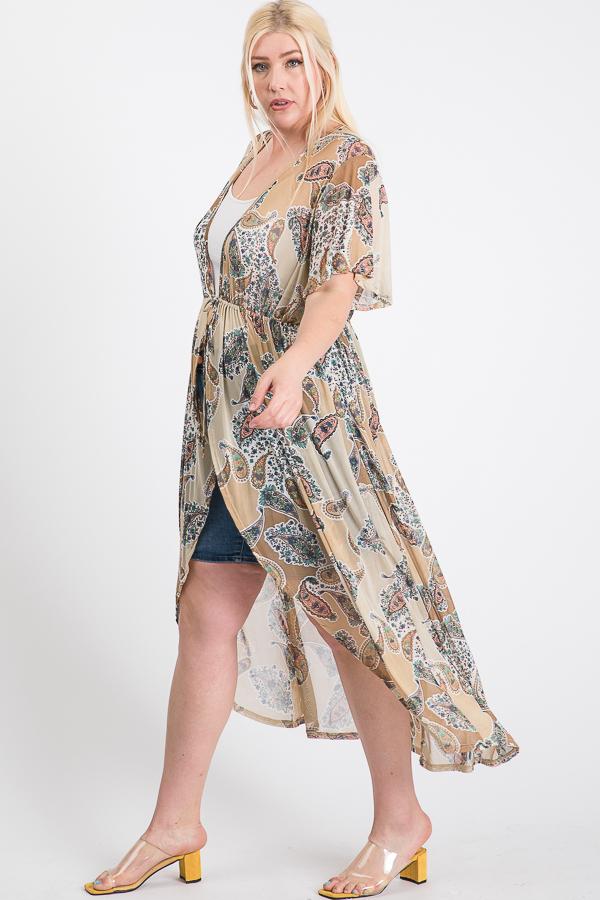 Short-Sleeve Longline Printed Mesh Cardigan with Tie – Cappuccino