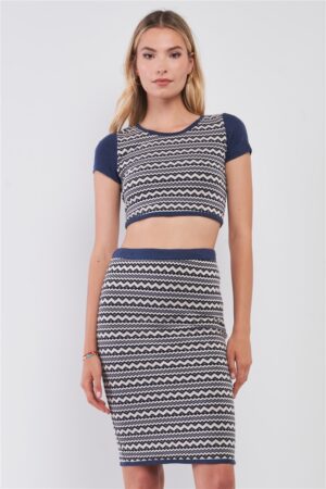Navy Geometric Crop Top & High-Waist Pencil Skirt Set