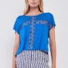 Boat Neck Short-Sleeve Top with Sheer Cross Mesh – Royal Blue