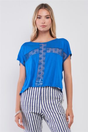 Boat Neck Short-Sleeve Top with Sheer Cross Mesh – Royal Blue