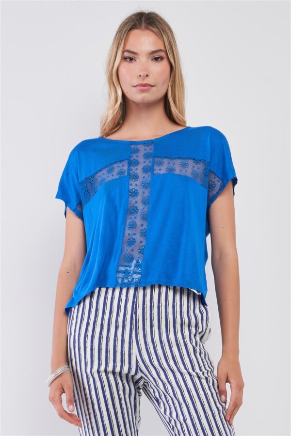 Boat Neck Short-Sleeve Top with Sheer Cross Mesh – Royal Blue