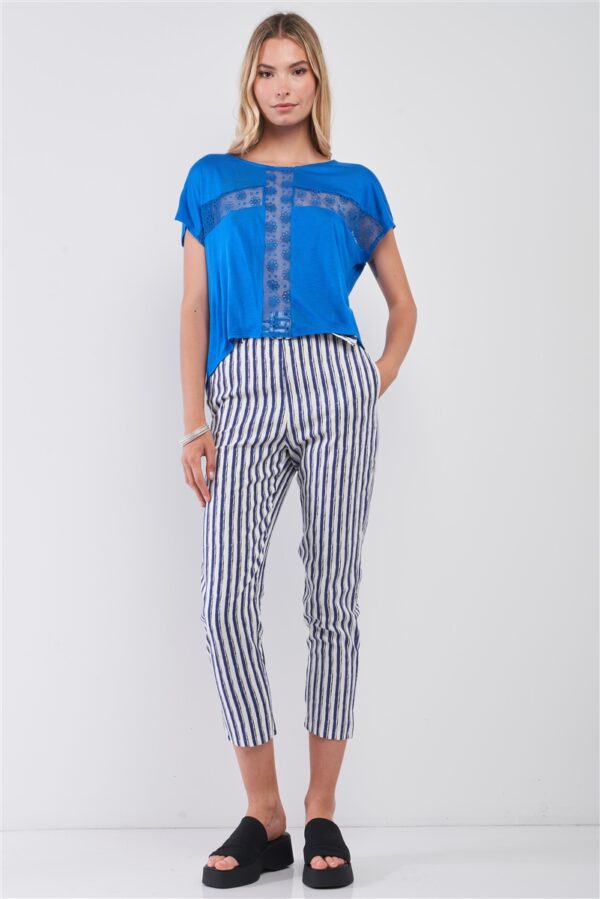 Boat Neck Short-Sleeve Top with Sheer Cross Mesh – Royal Blue