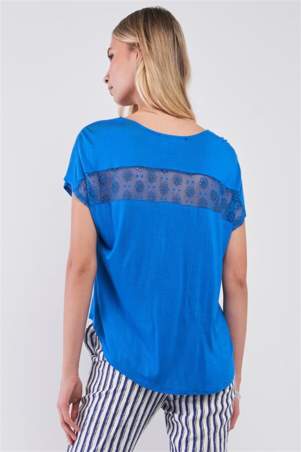 Boat Neck Short-Sleeve Top with Sheer Cross Mesh – Royal Blue