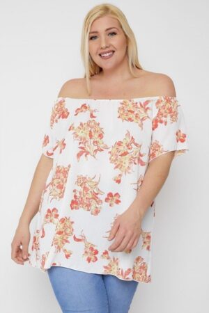 Plus Size Floral Off-the-Shoulder Top – Coral/Floral