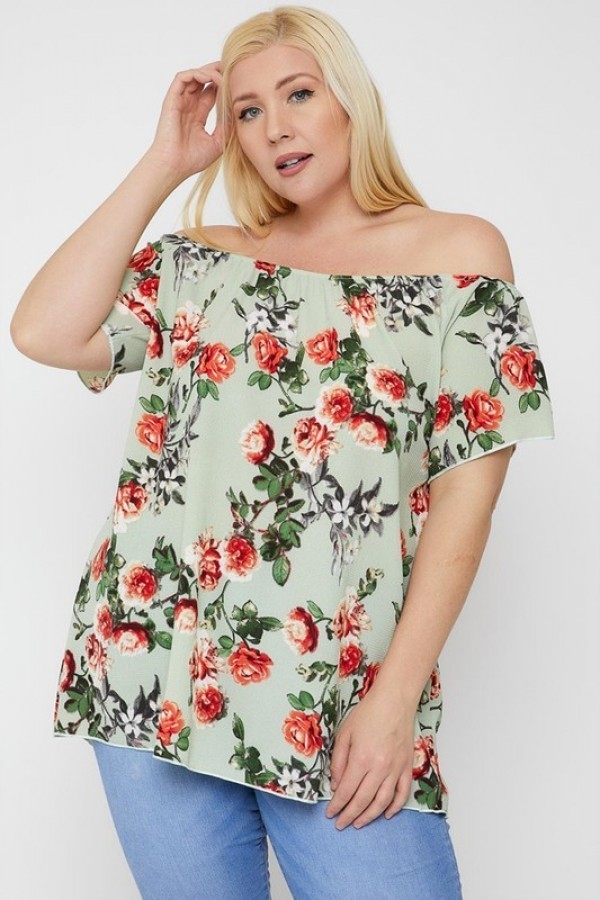 Off-the-Shoulder Plus-Size Floral Top – Sage Green
