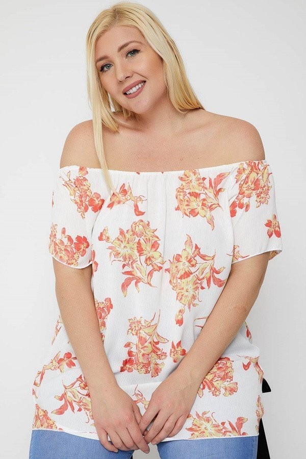Plus Size Floral Off-the-Shoulder Top – Coral/Floral