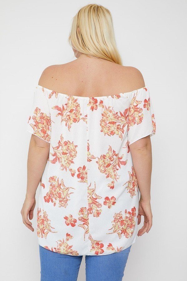 Plus Size Floral Off-the-Shoulder Top – Coral/Floral