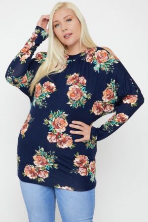 Plus Size Floral Top with Cutout Sleeves & Neck Tie – Navy/Multi