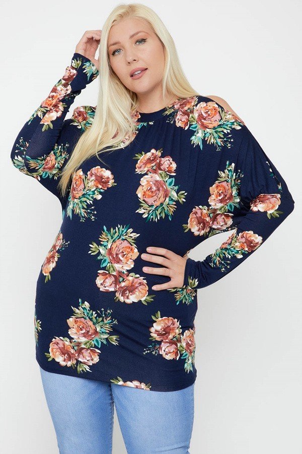 Plus Size Floral Top with Cutout Sleeves & Neck Tie – Navy/Multi
