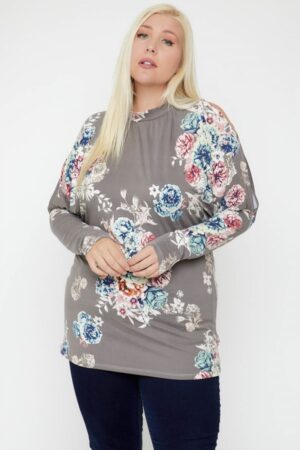Plus Size Floral Print Top with Cutout Sleeves & Neck Tie – Grey/Multi