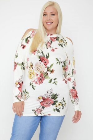 Plus-Size Floral Cutout Top with Neck Tie – Off White/Multi