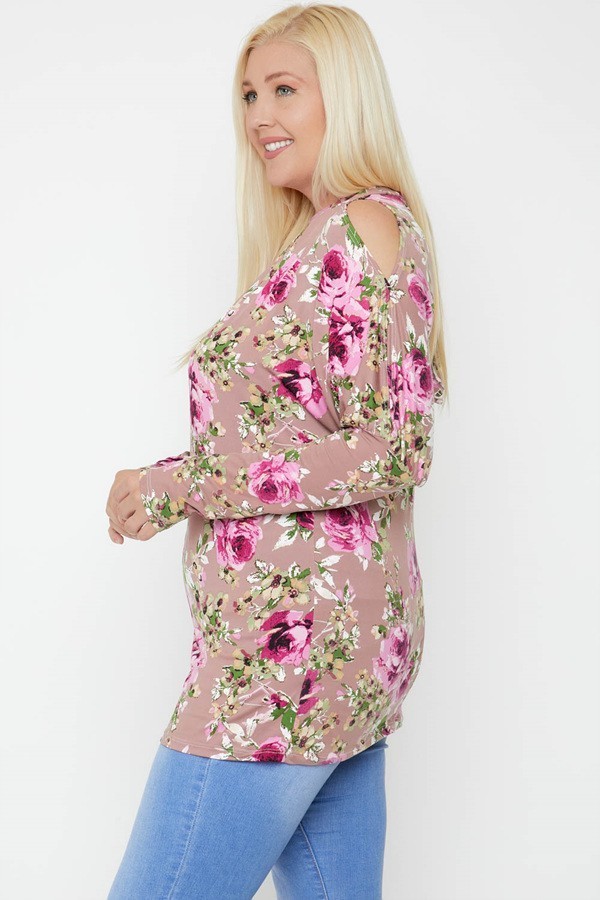 Plus Size Floral Print Top with Cutout Details – Dusty Pink/Multi