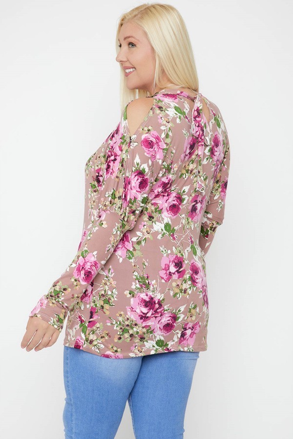 Plus Size Floral Print Top with Cutout Details – Dusty Pink/Multi