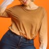 Ombre Long-Sleeve Top with Gathered Front – Warm Camel (Plus Size)